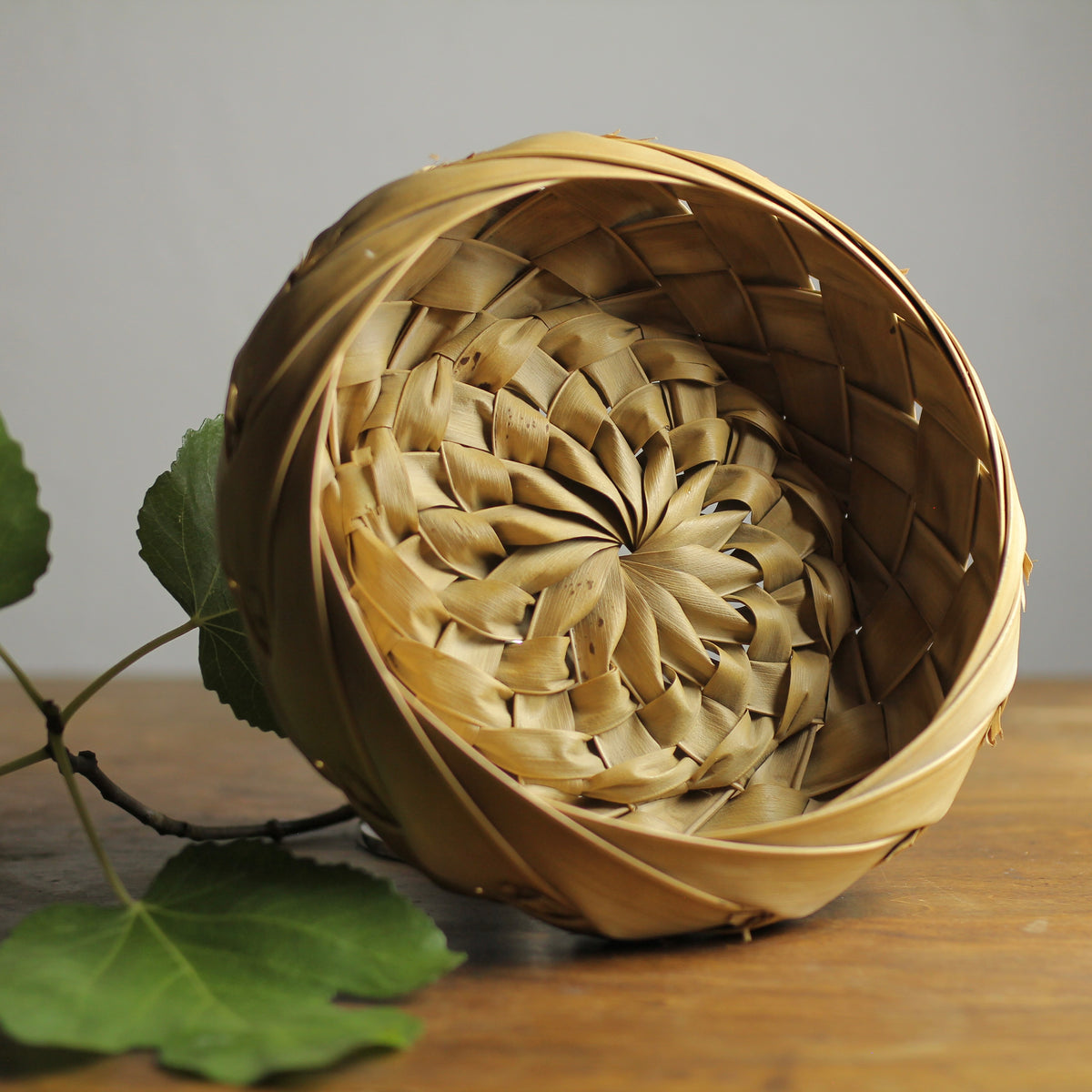 Mid-Century Hand-Woven Palm Leaf Basket