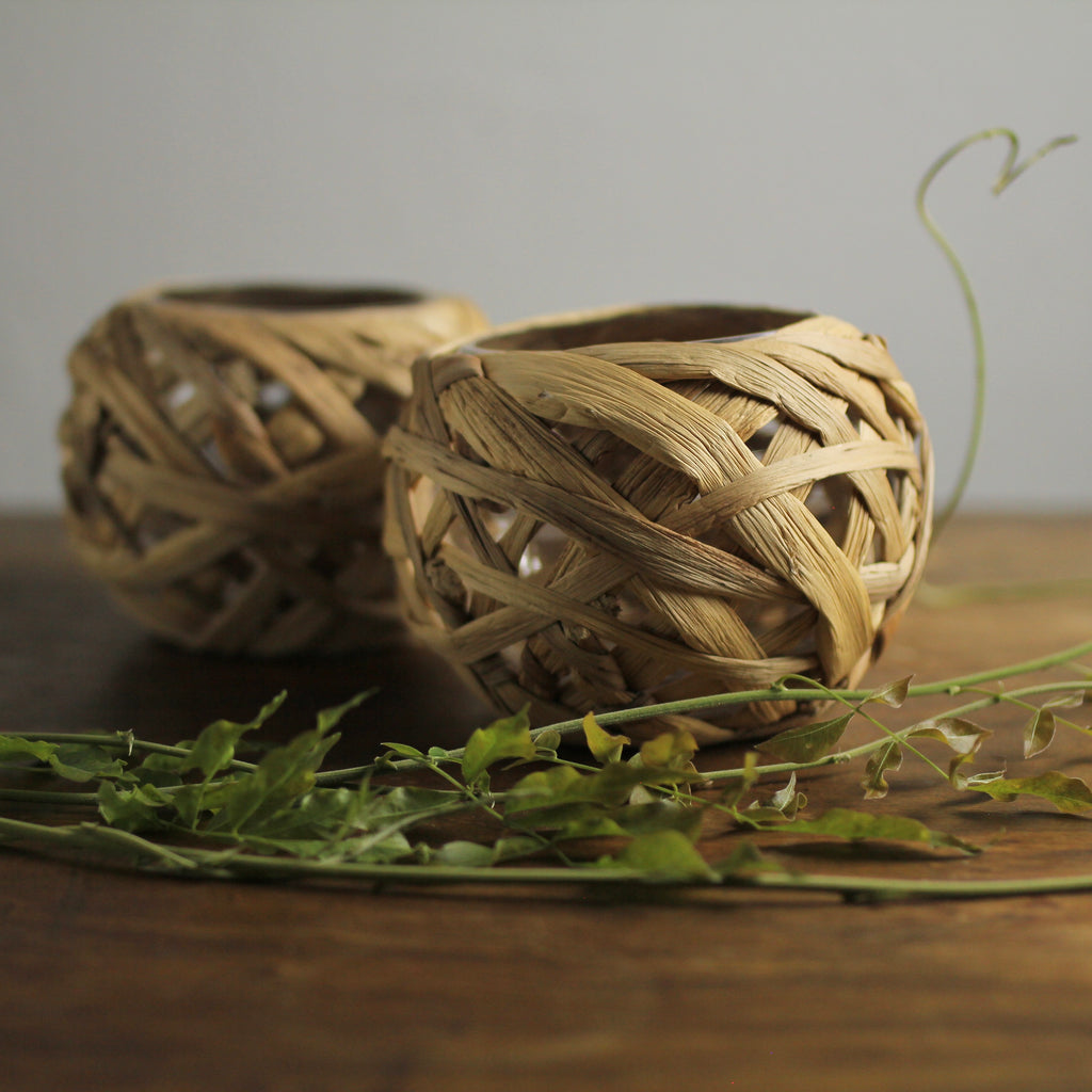 Set of Two Decorative Hyacinth-Wrapped Glass Vases / Candle Holders