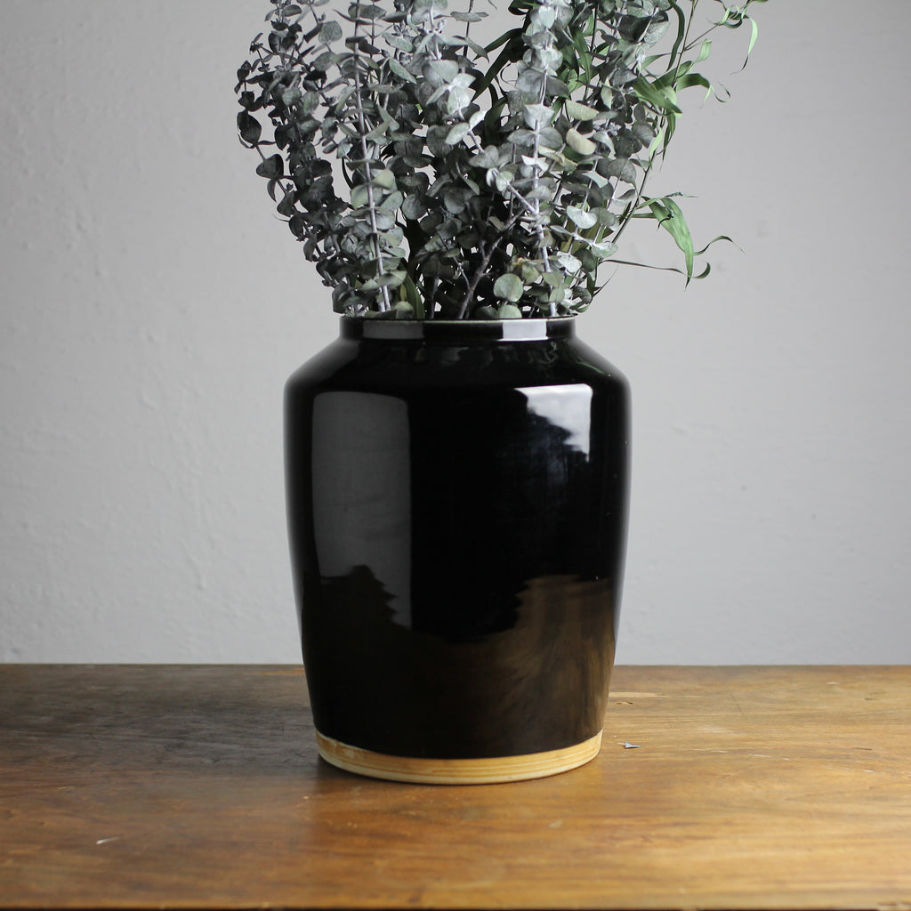 Large Artisan Vintage Glazed Obsidian Vase
