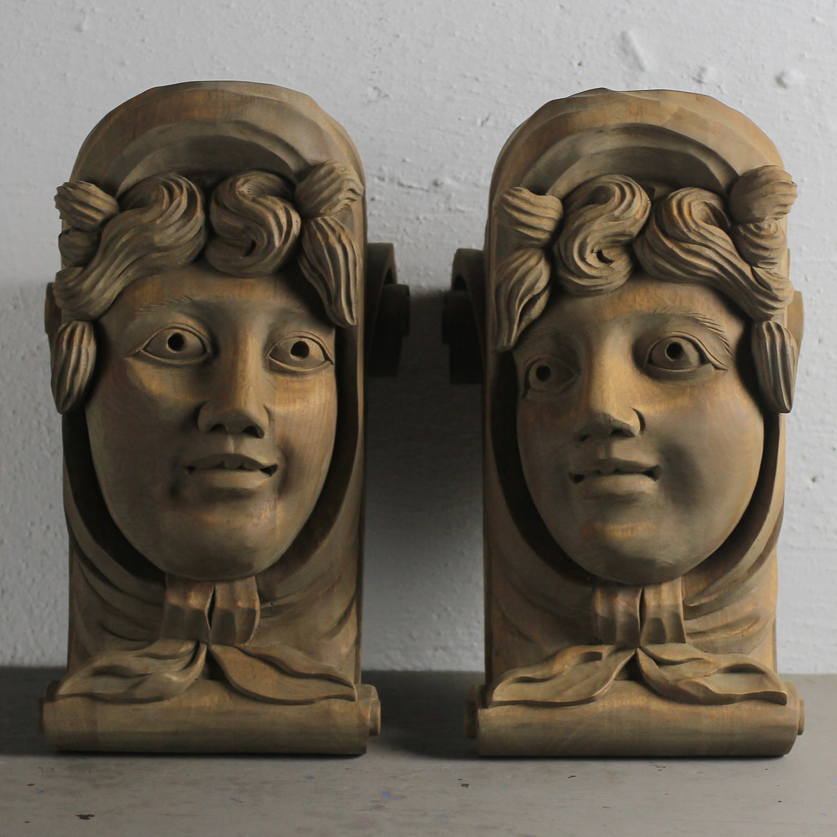 Set of Hand-Carved Wooden Ship Figurehead Corbels