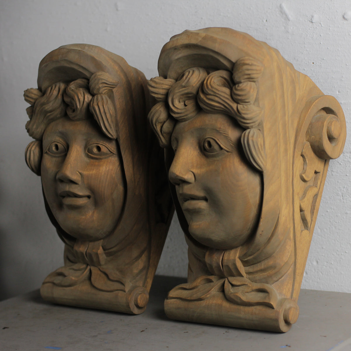 Set of Hand-Carved Wooden Ship Figurehead Corbels