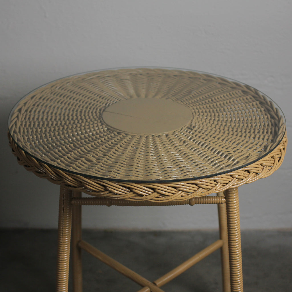 Antique Wicker Bar Harbor Table with Glass Top, c. 1920s