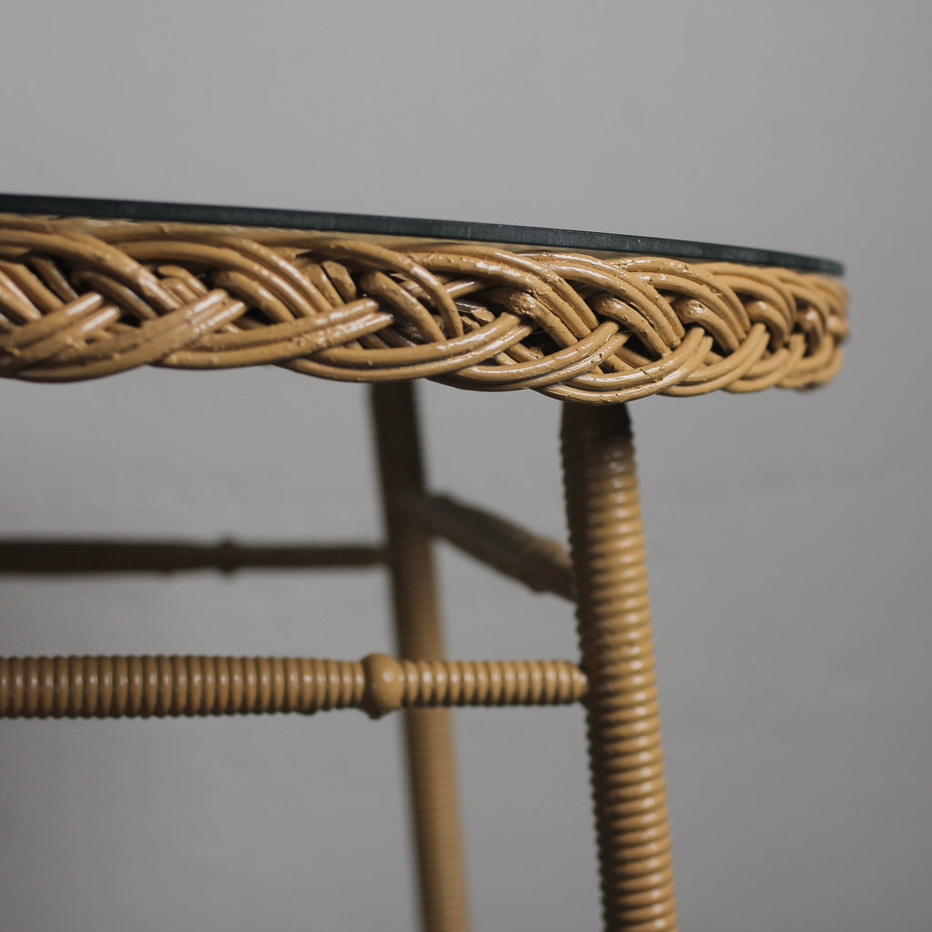 Antique Wicker Bar Harbor Table with Glass Top, c. 1920s