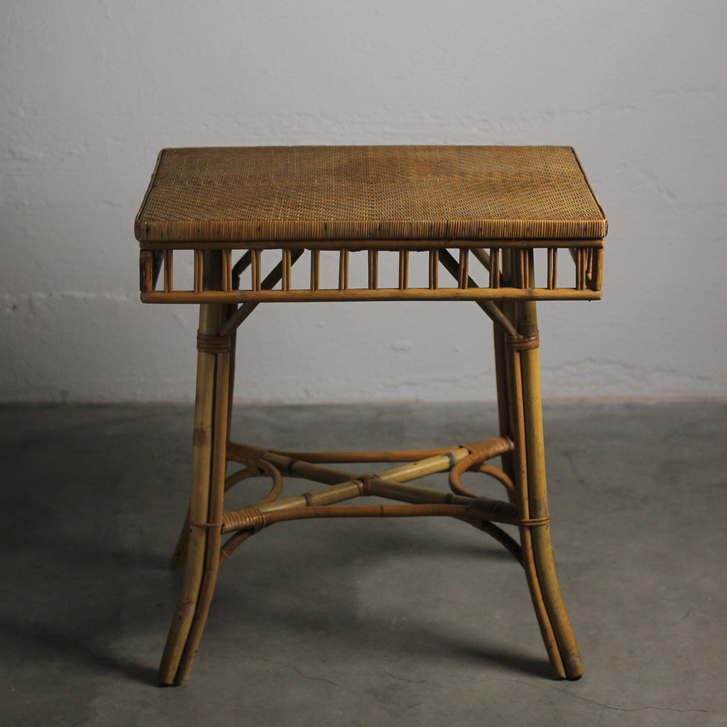 Antique Victorian Bamboo & Rattan Accent Table with Woven Herringbone Top