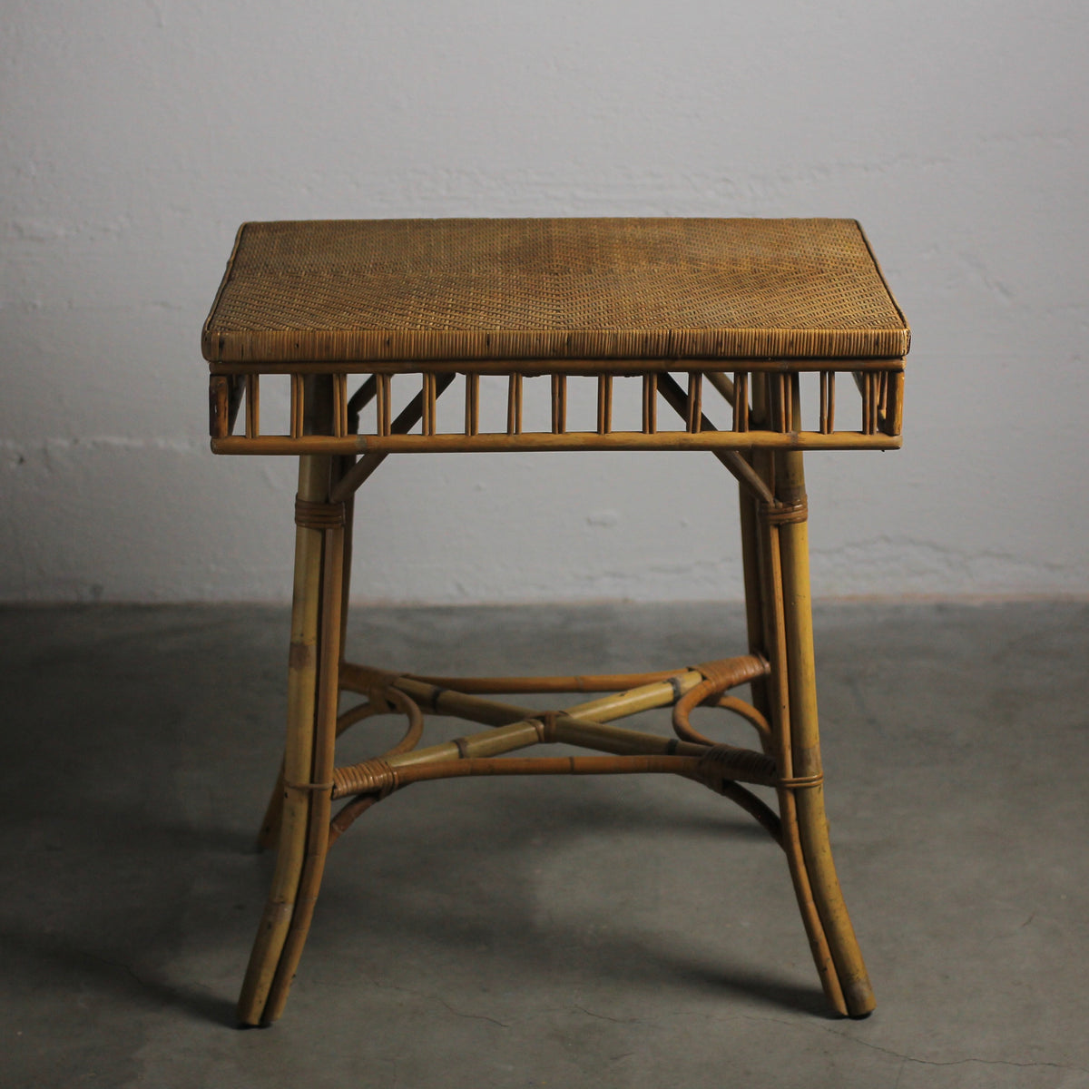 Antique Victorian Bamboo & Rattan Accent Table with Woven Herringbone Top