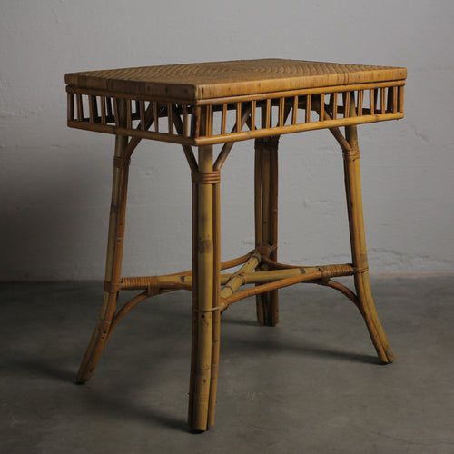 Antique Victorian Bamboo & Rattan Accent Table with Woven Herringbone Top