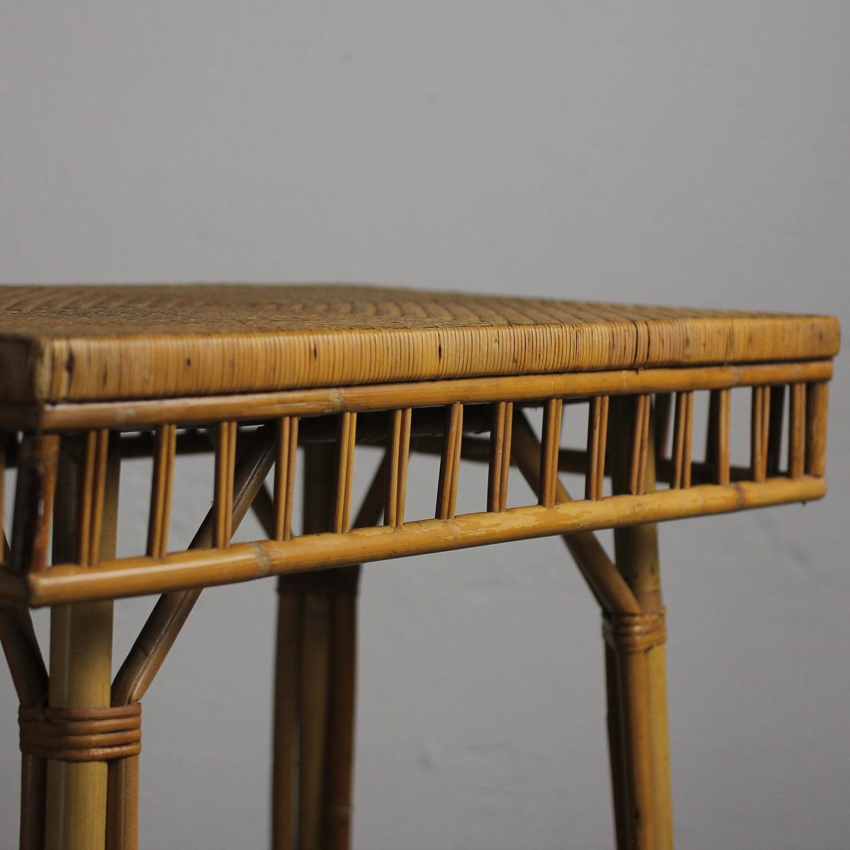 Antique Victorian Bamboo & Rattan Accent Table with Woven Herringbone Top