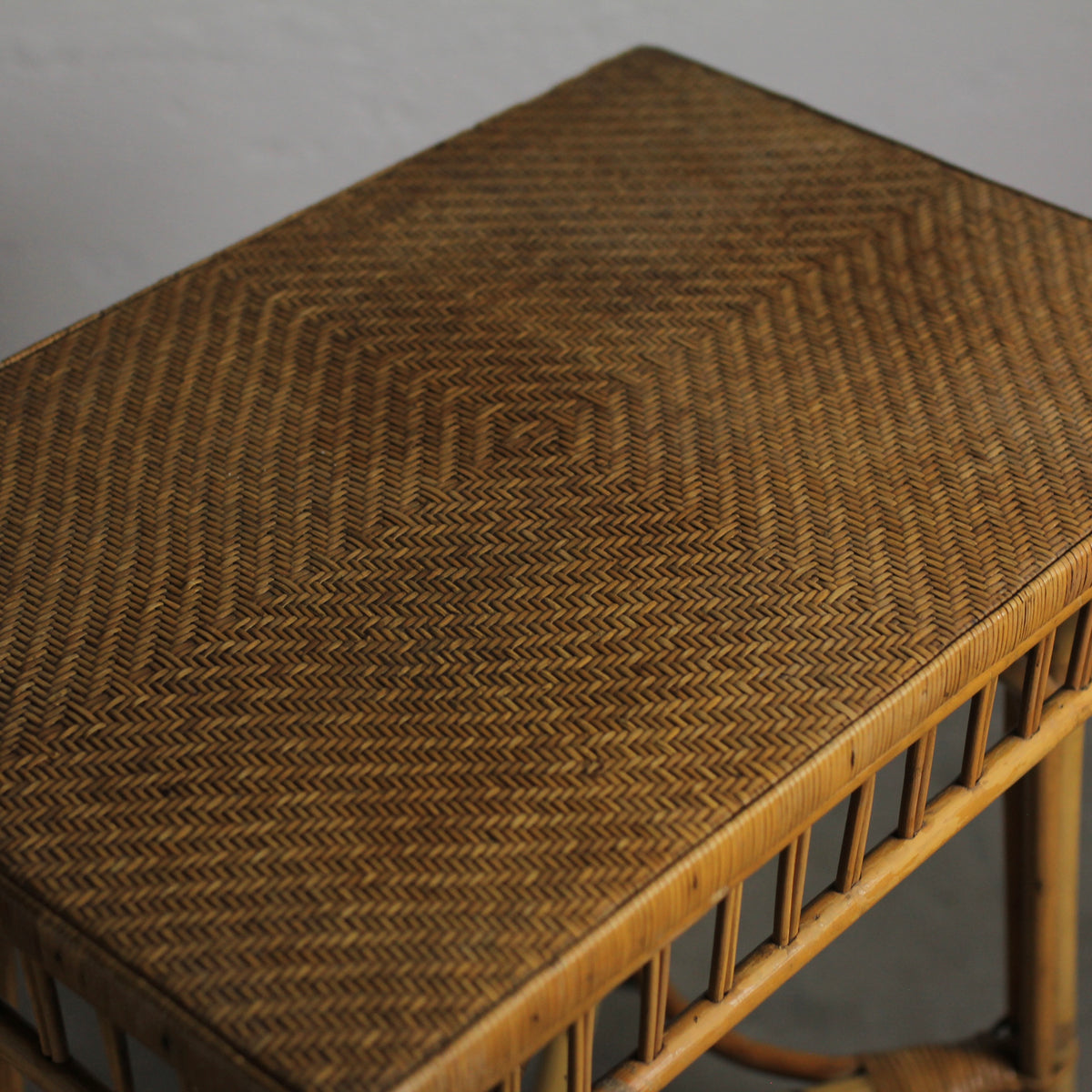 Antique Victorian Bamboo & Rattan Accent Table with Woven Herringbone Top