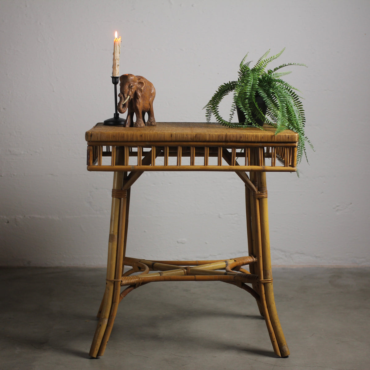 Antique Victorian Bamboo & Rattan Accent Table with Woven Herringbone Top