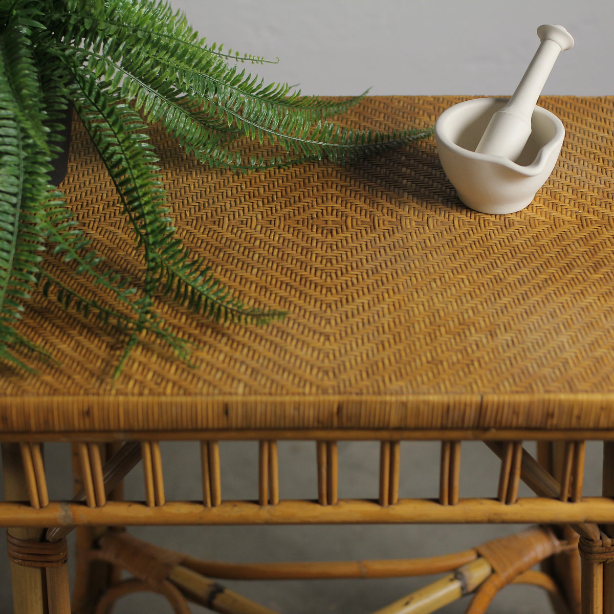 Antique Victorian Bamboo & Rattan Accent Table with Woven Herringbone Top