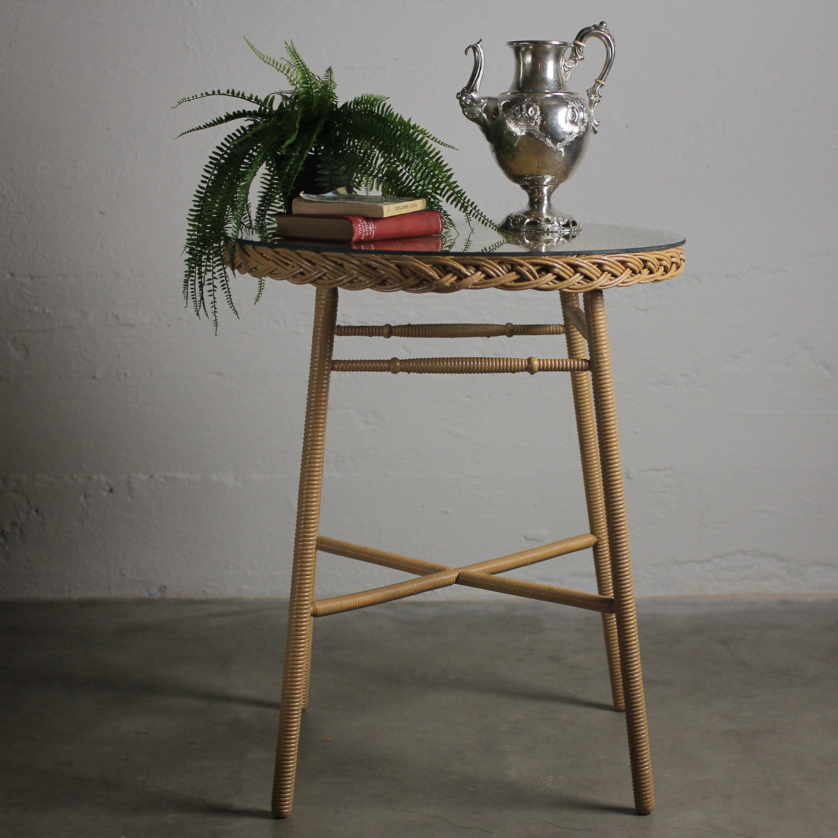 Antique Wicker Bar Harbor Table with Glass Top, c. 1920s