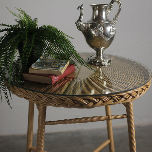 Antique Wicker Bar Harbor Table with Glass Top, c. 1920s